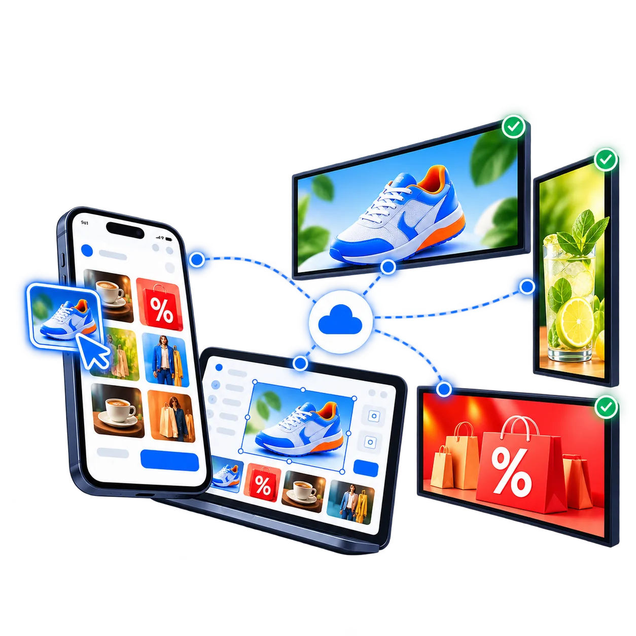 Multiple digital signage screens managed remotely from one iMediaGO account